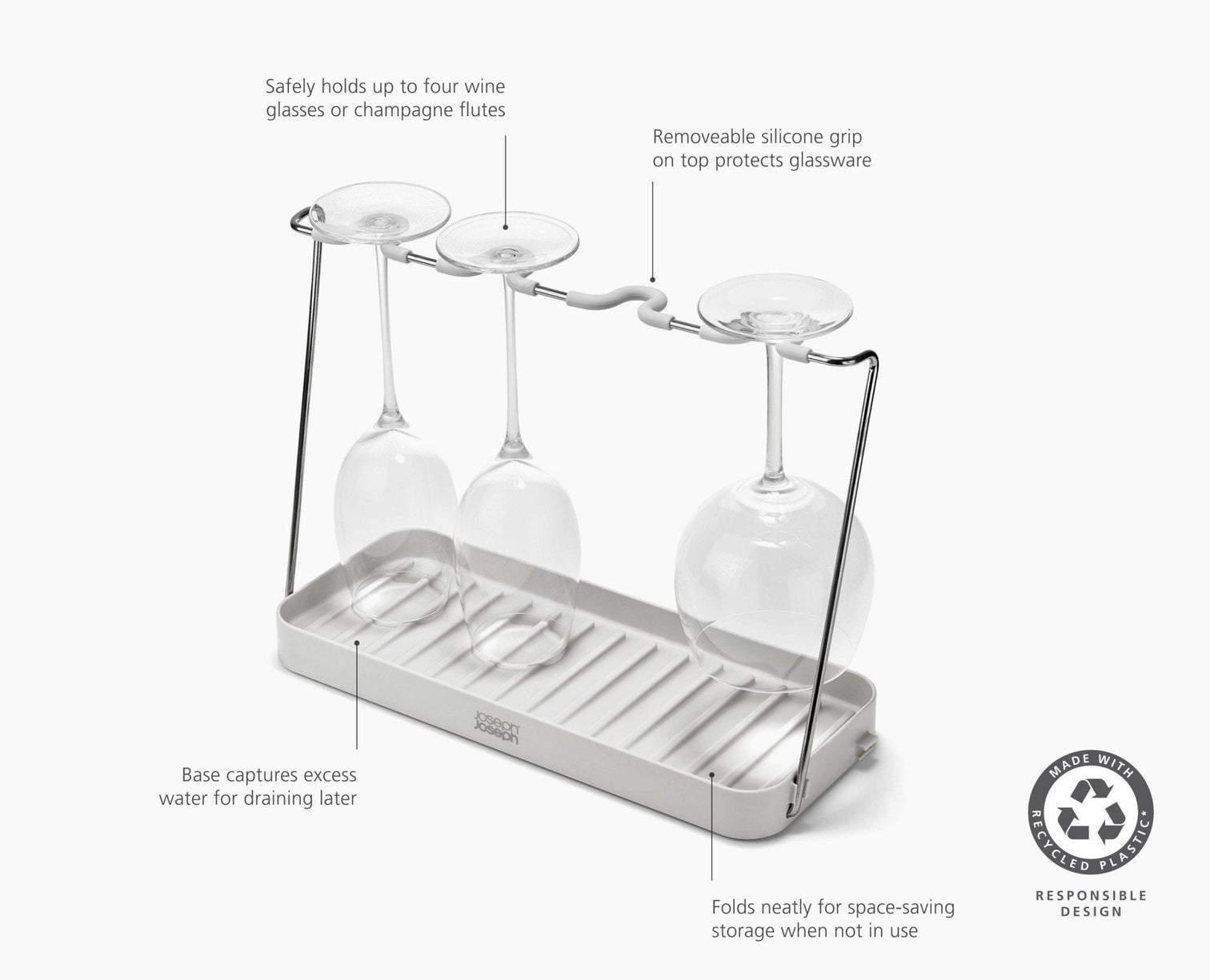 Joseph Joseph DrySmart Folding Wine Glass Drying Rack Rubber Grips Recycled