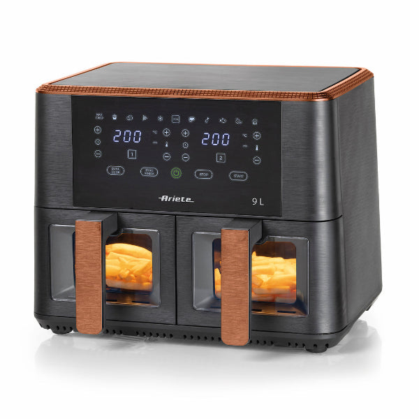 Ariete 9L Dual Air Fryer 2400W Double Basket Viewing Window Black Pink Gold