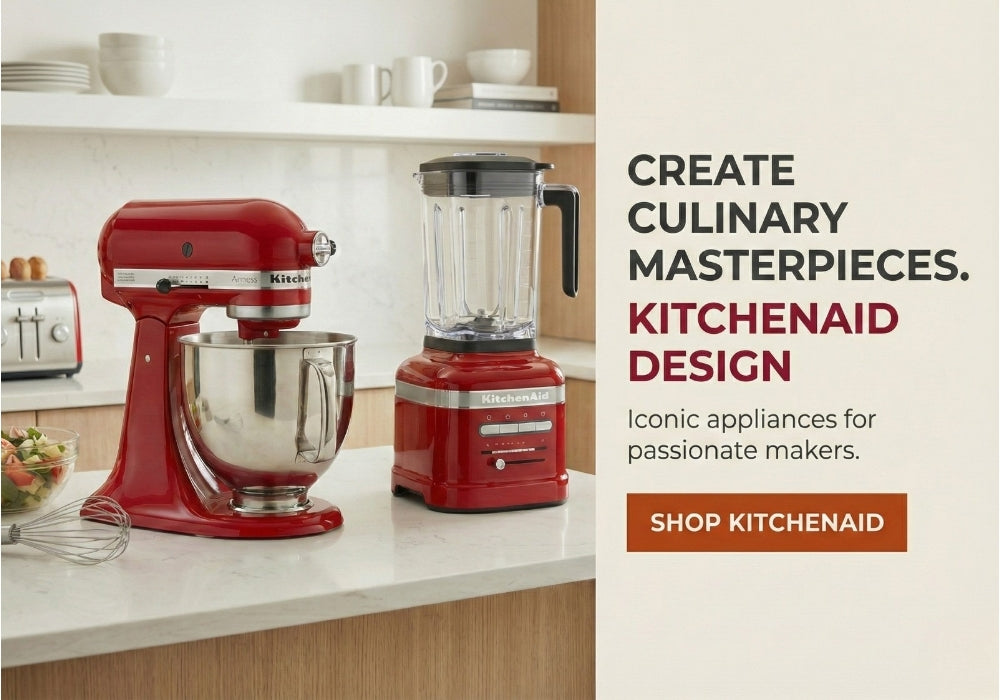 Red KitchenAid stand mixer and blender on a kitchen counter with promotional text.