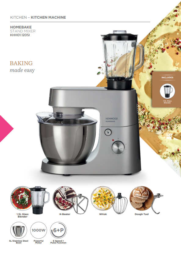 Kenwood Stand Mixer KHH01.120SI 1000W 5L Bowl 1.5L Glass Blender Silver New