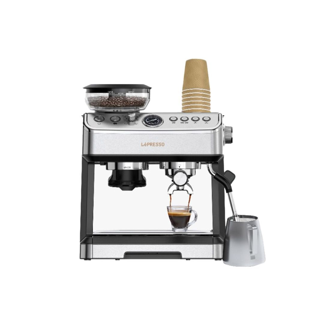 Lepresso Espresso Machine with Conical Grinder & Steamer – Silver