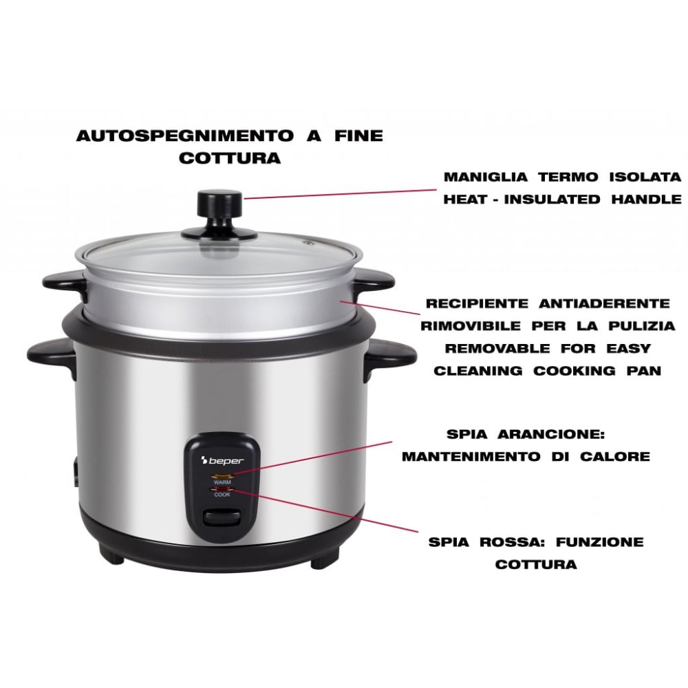 Beper Rice And Steam Rice Cooker And Steamer, 625g Rice, Glass LID