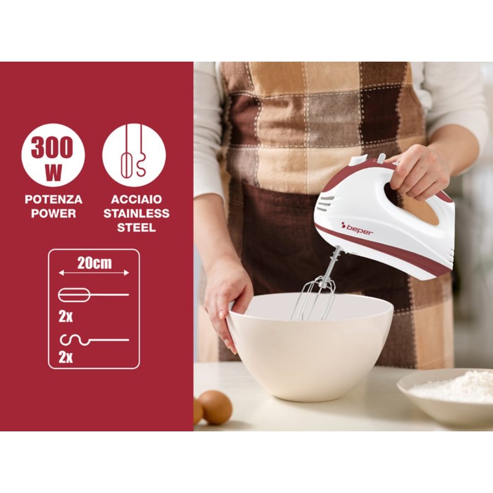 Beper Electric Whisk 300W, 5 Speeds, Turbo Function, 20cm Idel For Soft