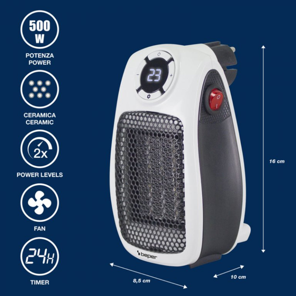 Beper Mini Ceramic Fan Heater, 500W/1000W, Safe Auto-Off