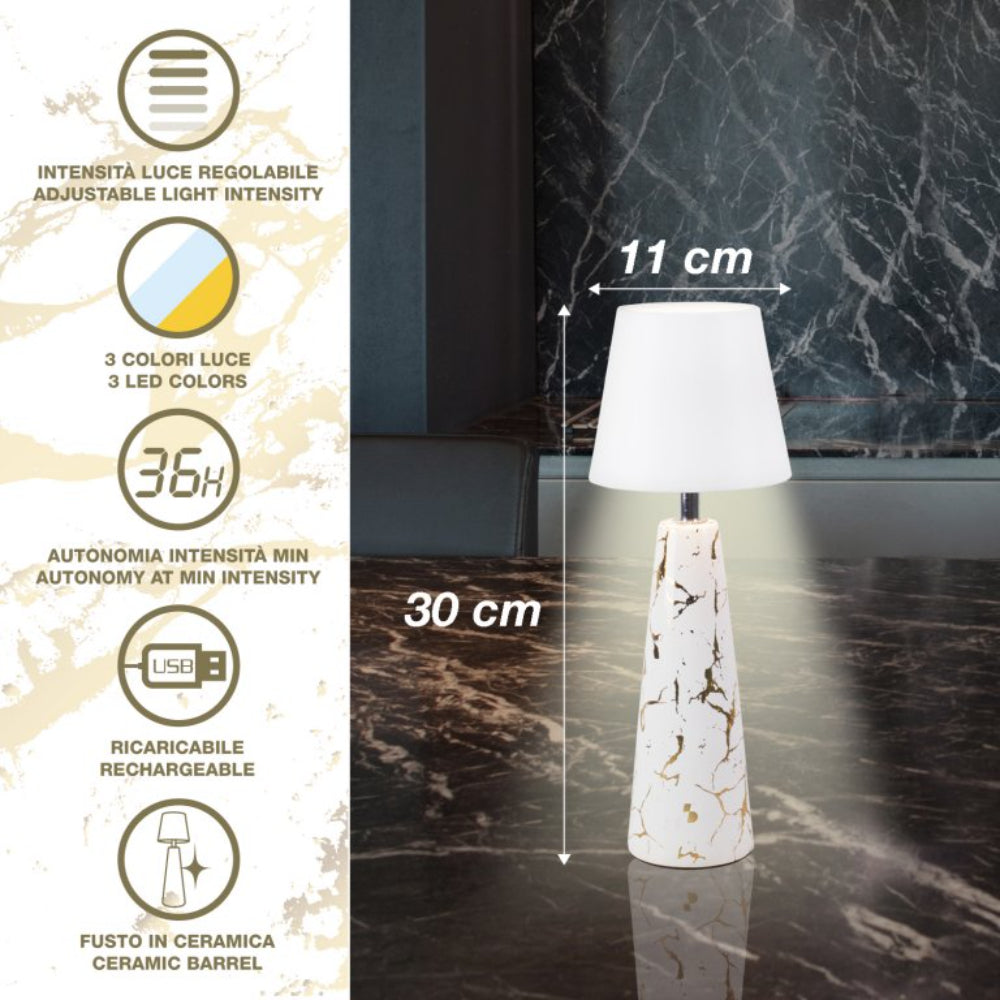 Beper Marble Battery Table Lamp, Marble Ceramic Design With Gold Detail,