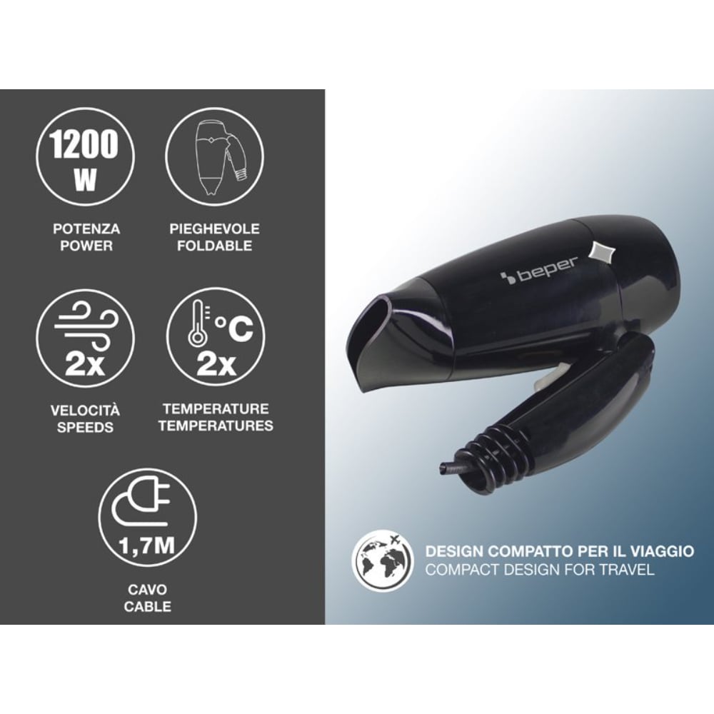 Beper Travel Hair Dryer, 1200W, Foldable Hair Dryer, 3 Temperatures, 2