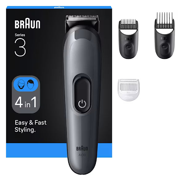 Braun hair trimmer set with packaging and attachments on a white background