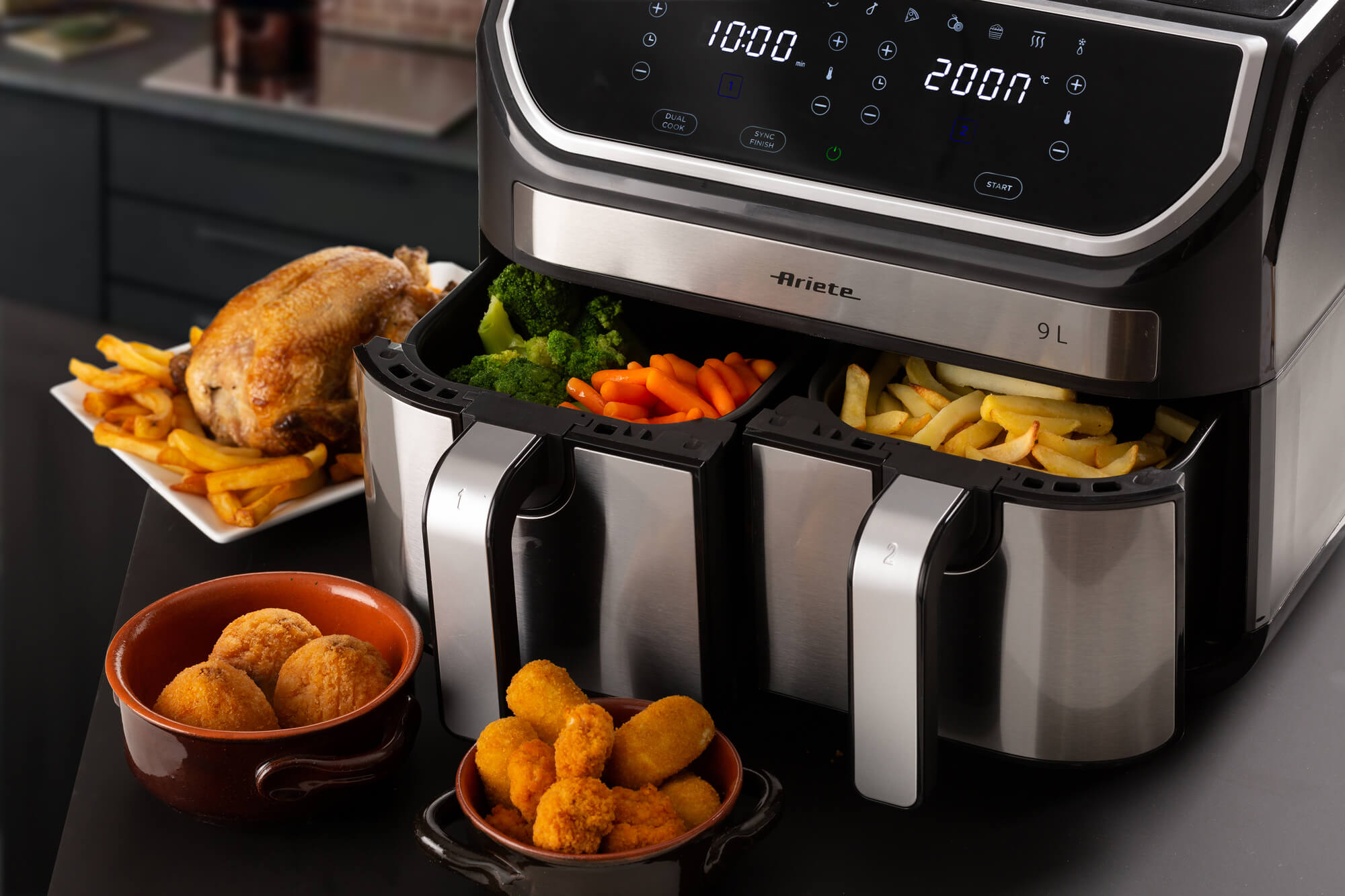 Ariete Dual Air Fryer – 9L, 2100W, Stainless Steel / Pink Gold