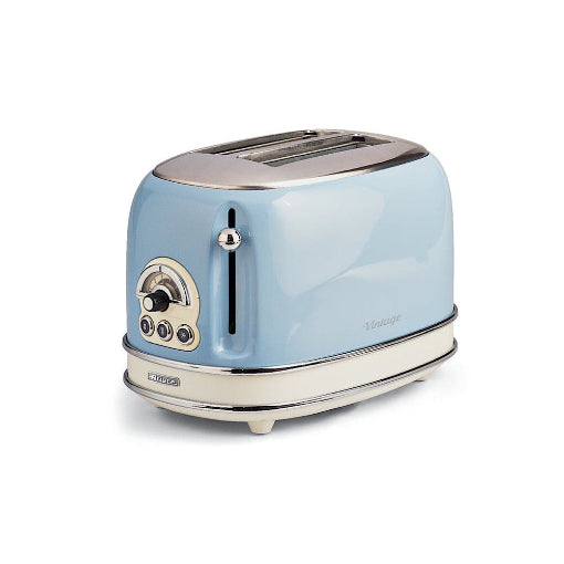 Blue toaster with metallic accents on a white background