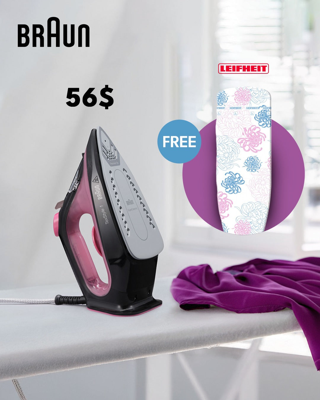 Braun Steam Iron Si1070Pu + Free Leifheit Ironing Board Cover 71598