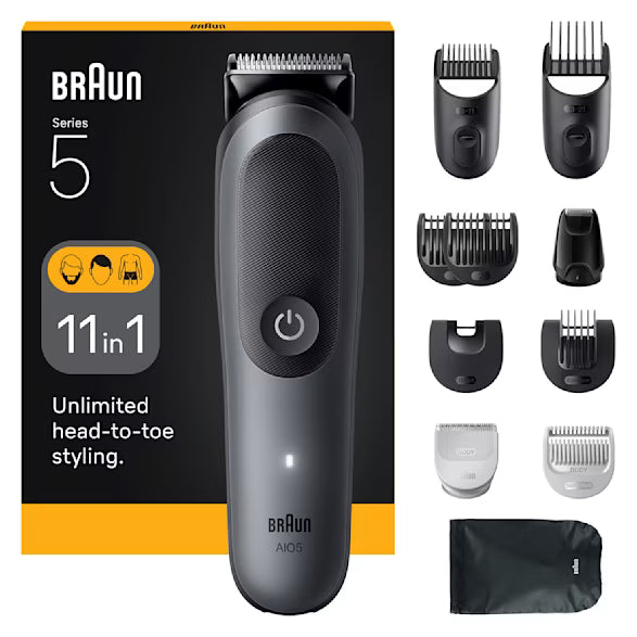 Braun Series 5 grooming kit with trimmer and attachments on a white background