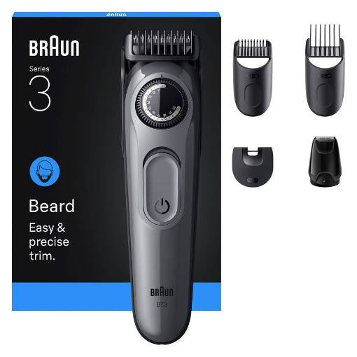 Braun beard trimmer with attachments and packaging on a white background