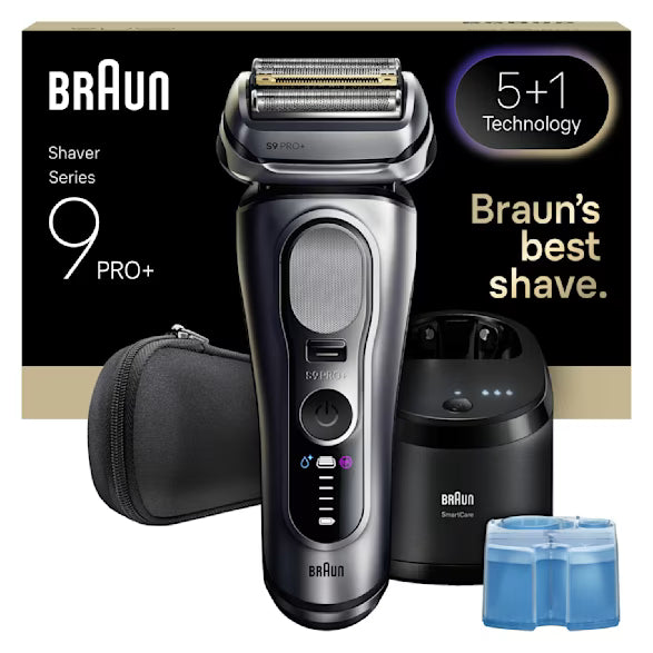 Braun Shaver Series 9 PRO+ with packaging, case, and charging station on a white background