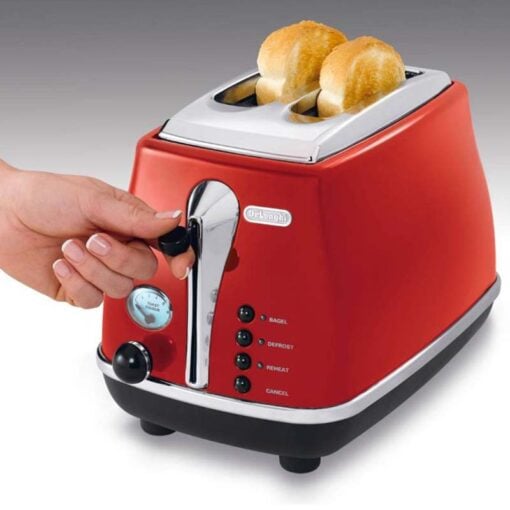 DeLonghi Icona 2-Slot Toaster 900W Vintage Retro Red Chrome Trim CTO 2003.R