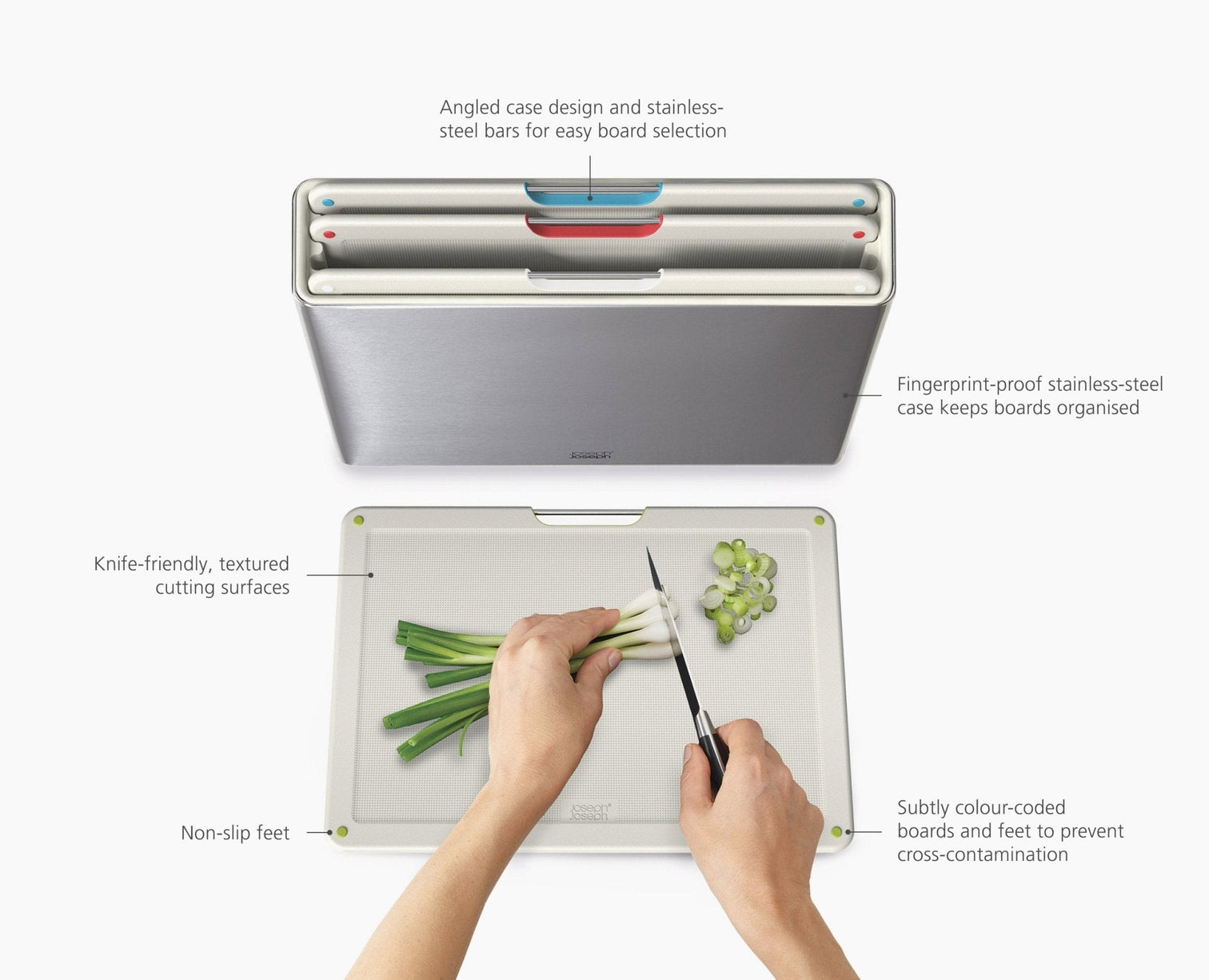 Joseph Joseph Folio Steel 4 Piece Stone Chopping Board Set Stainless Case