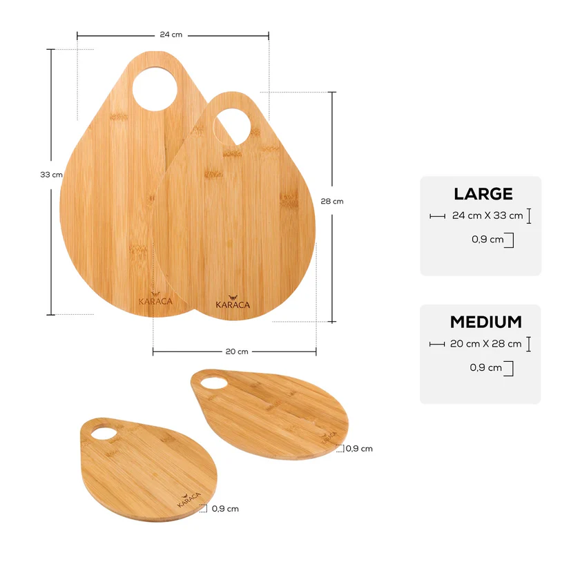 Karaca Damla 2-Piece Bamboo Cutting Board Set Eco-Friendly Natural Wood New