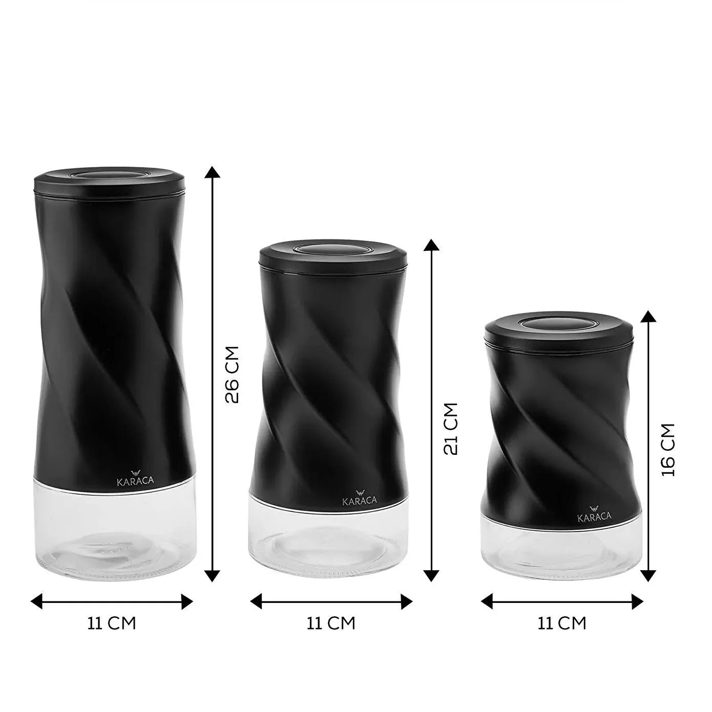 Karaca Tottori Black Vacuum Glass Storage Container Set - 3-Piece (S-M-L) - Stainless Steel & Glass