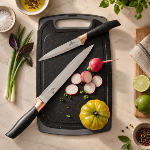 Karaca Gusto 12-Piece Knife & Kitchen Utensil Set with Block & Chopping Board – Black