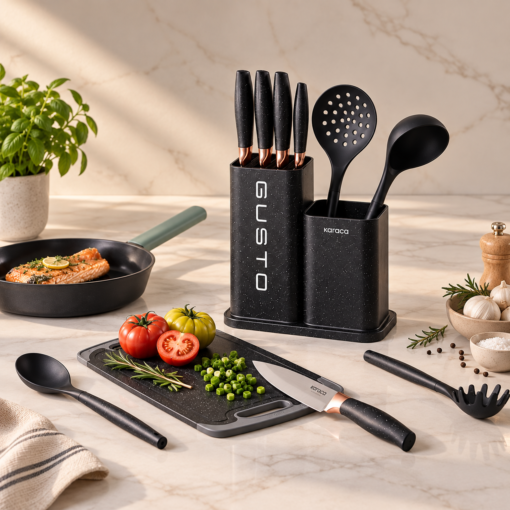 Karaca Gusto 12-Piece Knife & Kitchen Utensil Set with Block & Chopping Board – Black