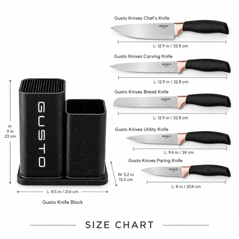Karaca Gusto 12-Piece Knife & Kitchen Utensil Set with Block & Chopping Board – Black