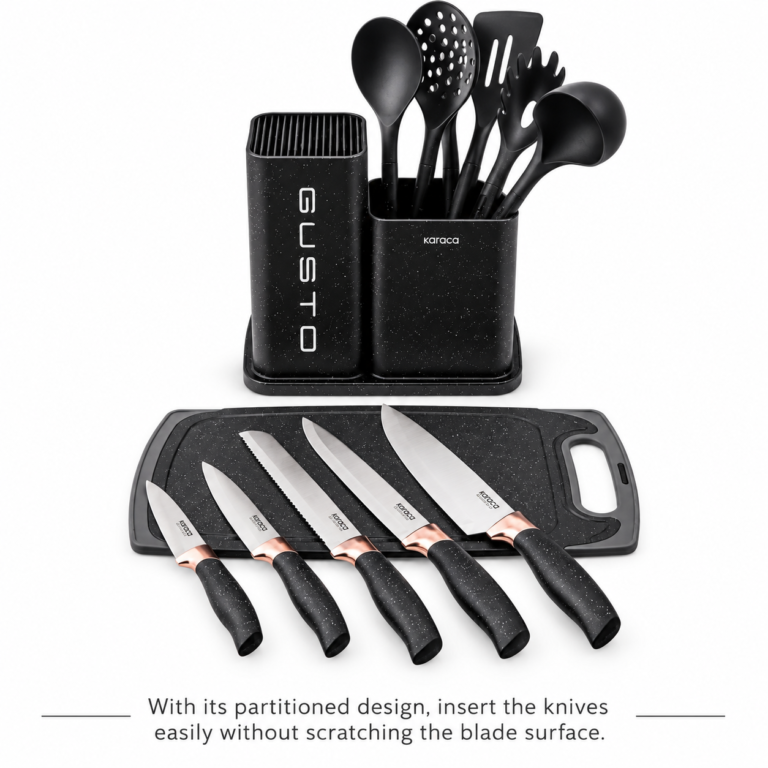 Karaca Gusto 12-Piece Knife & Kitchen Utensil Set with Block & Chopping Board – Black