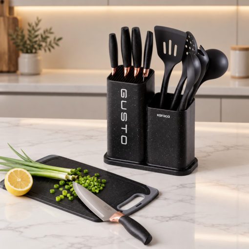 Karaca Gusto 12-Piece Knife & Kitchen Utensil Set with Block & Chopping Board – Black