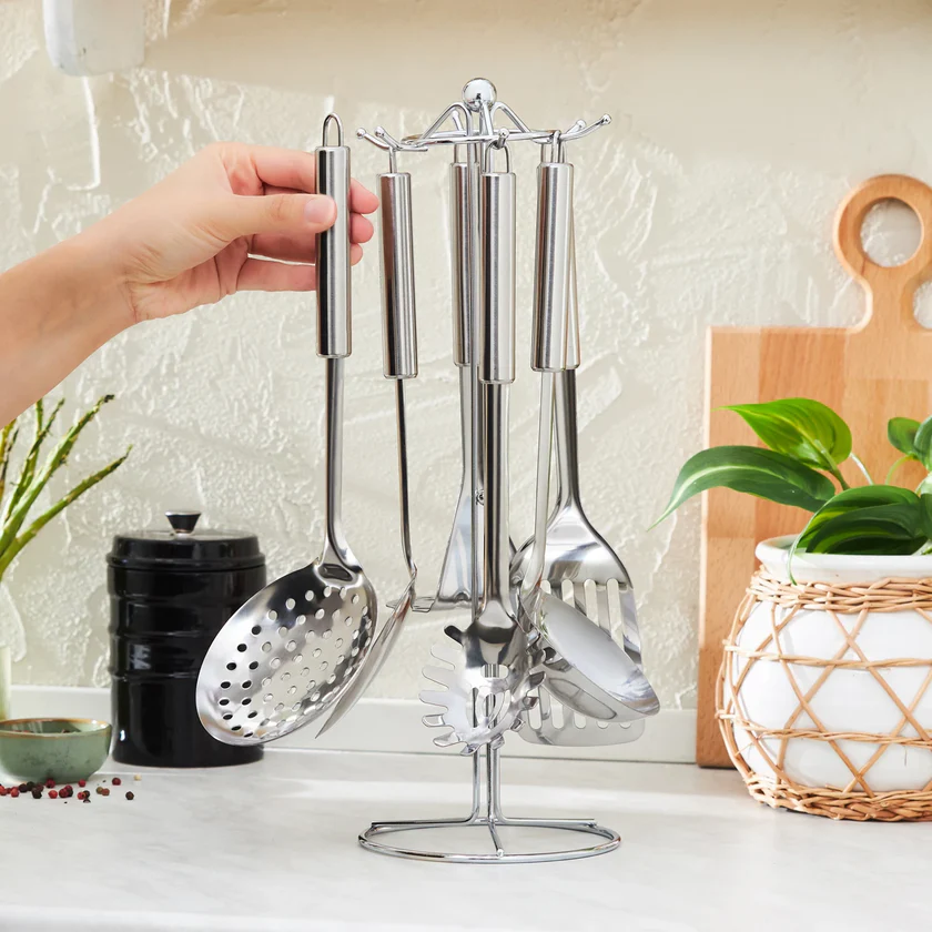 Karaca Chef 6-Piece Kitchen Utensil Set with Stand 18/10 Stainless Steel New