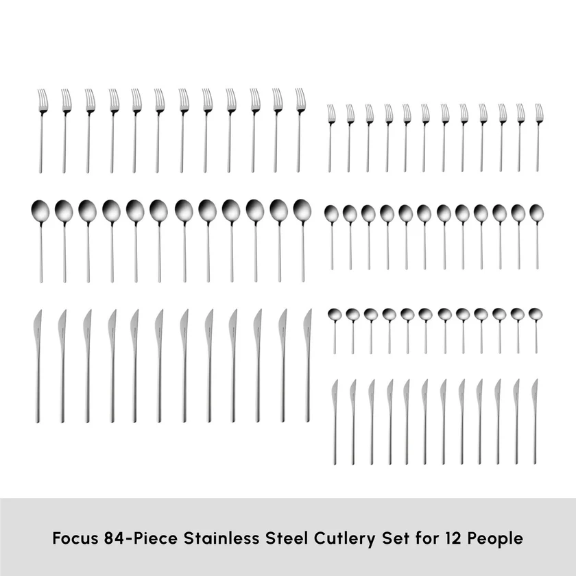 Karaca Focus 84-Piece Cutlery Set 12 Person 18/10 Steel Platinum Finish New