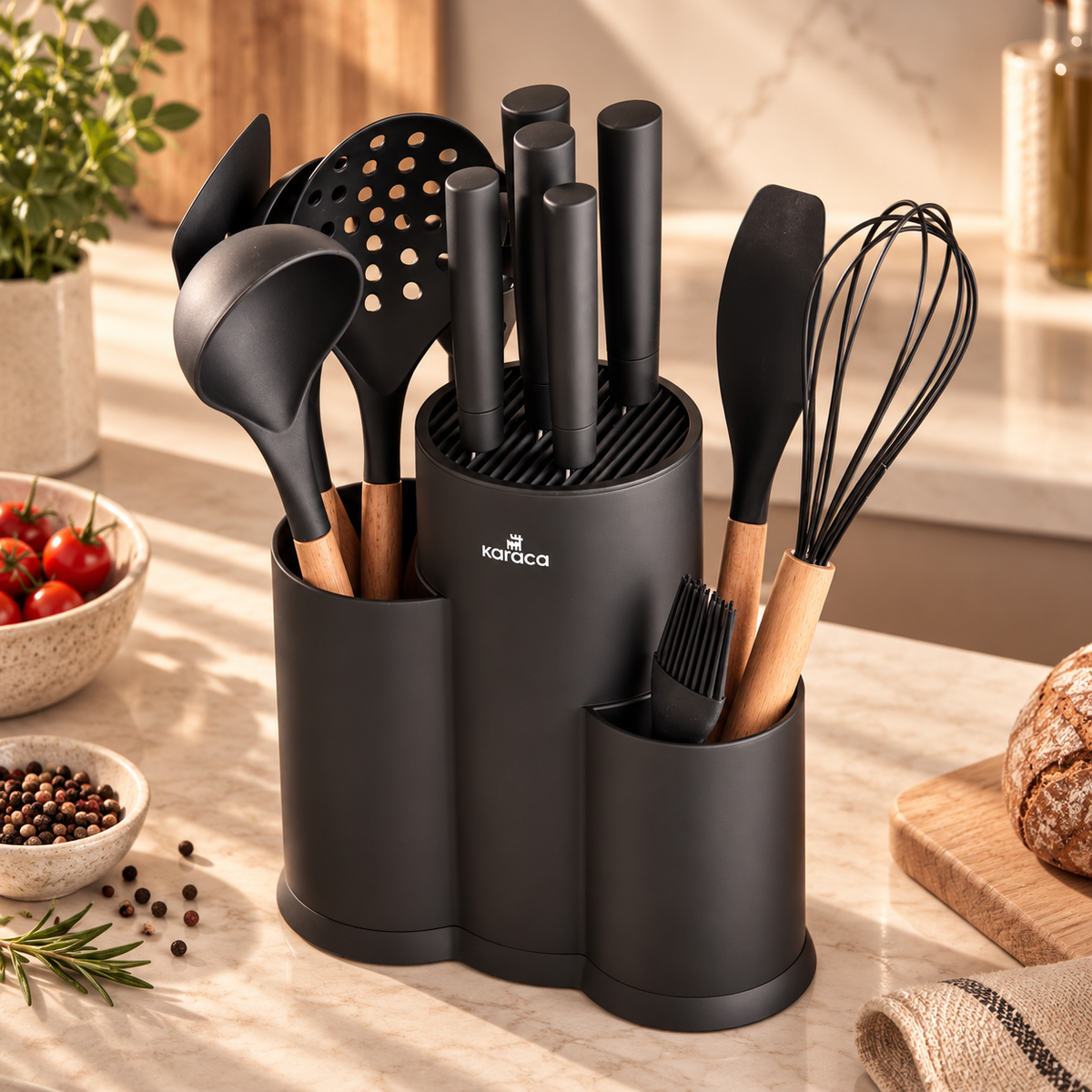 Karaca Burby 14-Piece Black Wood Utensil Set