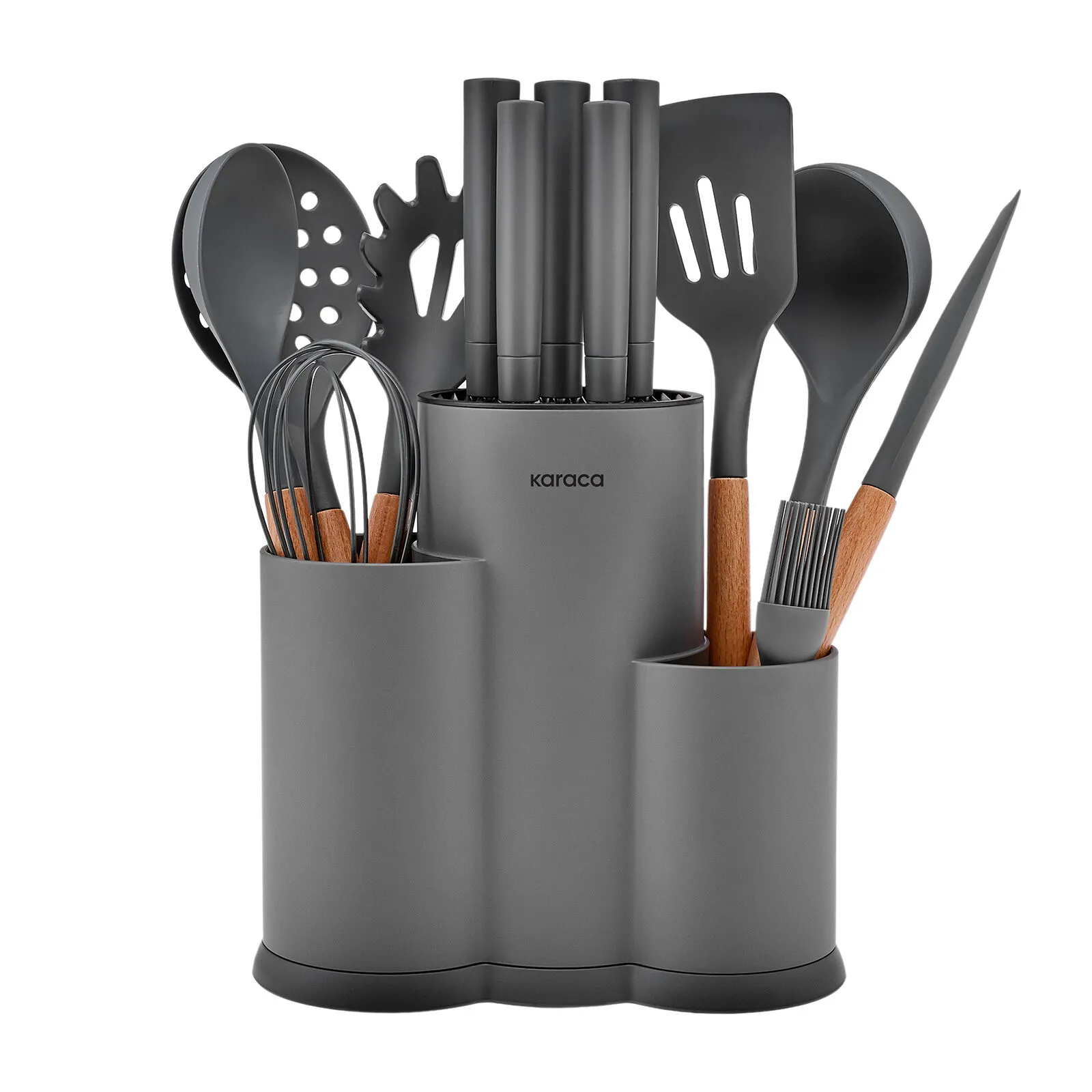 Karaca Burby 14-Piece Knife and Serving Set Grey Soft Touch Storage Block New