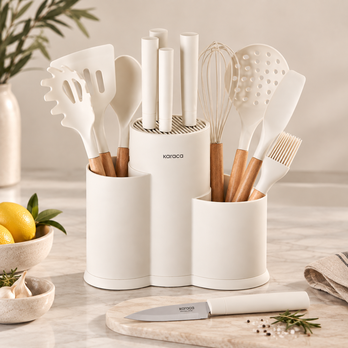 Karaca Burby 14-Piece Cream Wood Utensil Set