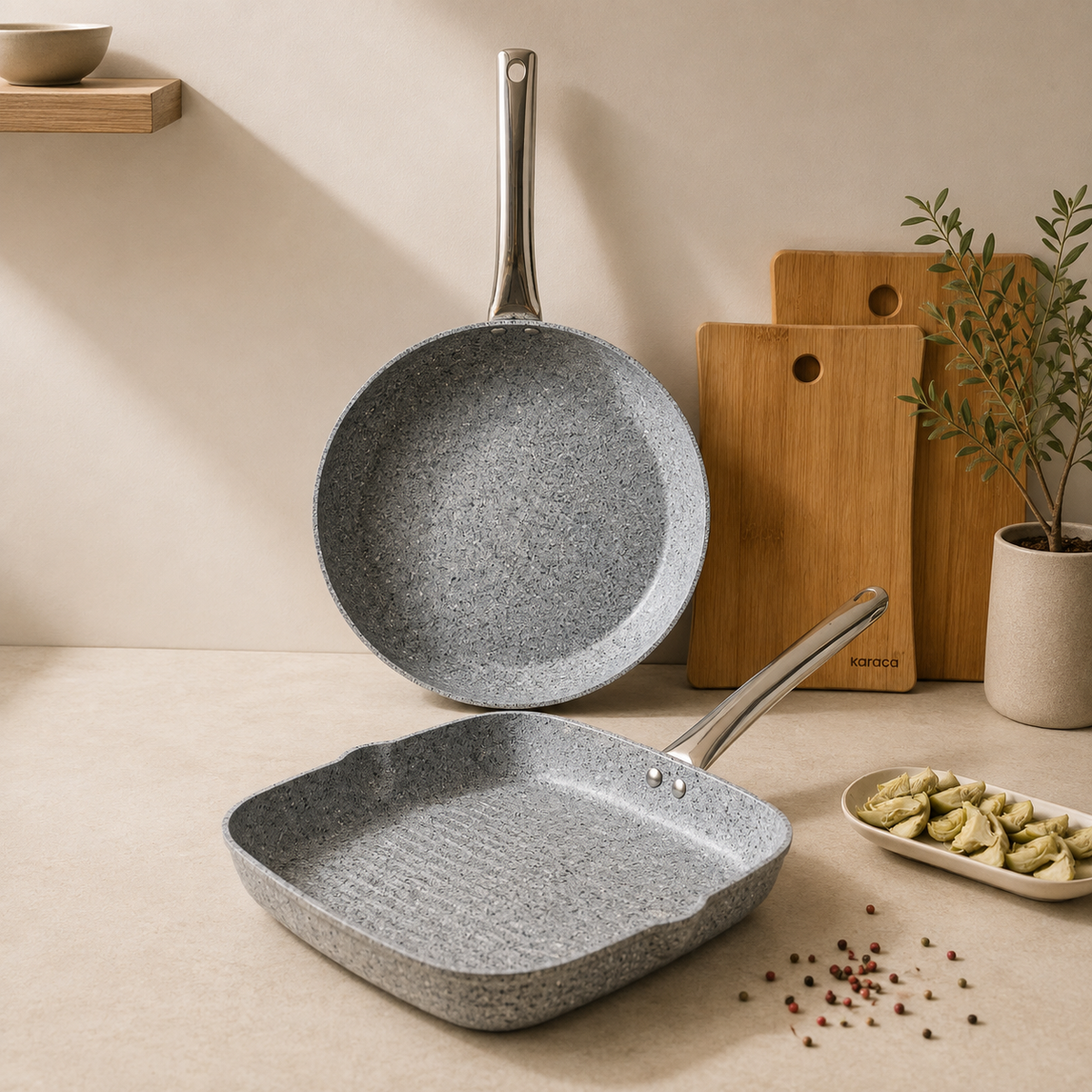 Karaca Biogranit Nare Blue Wok & Grill Pan Set kitchen