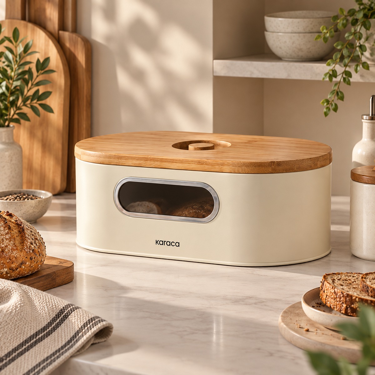 Karaca Stream 2-in-1 Cream Bread Box close-up