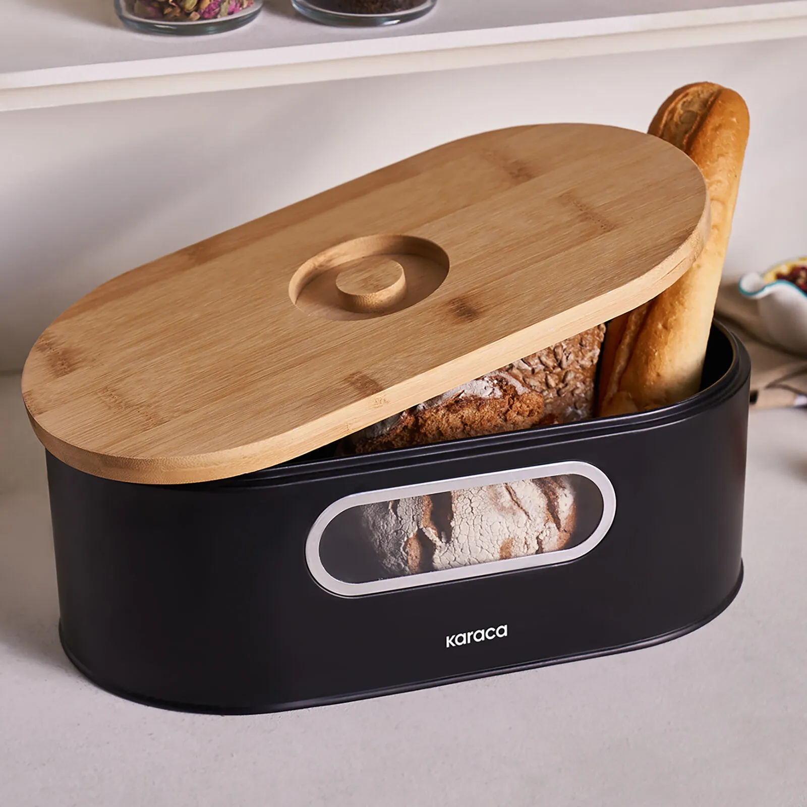 Karaca Stream 2-in-1 Bread Box Black Steel Bamboo Lid Cutting Board Storage