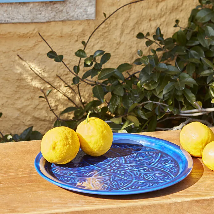 Karaca Home Donna Round Decorative Tray 30cm Navy Blue Metal Modern Serving