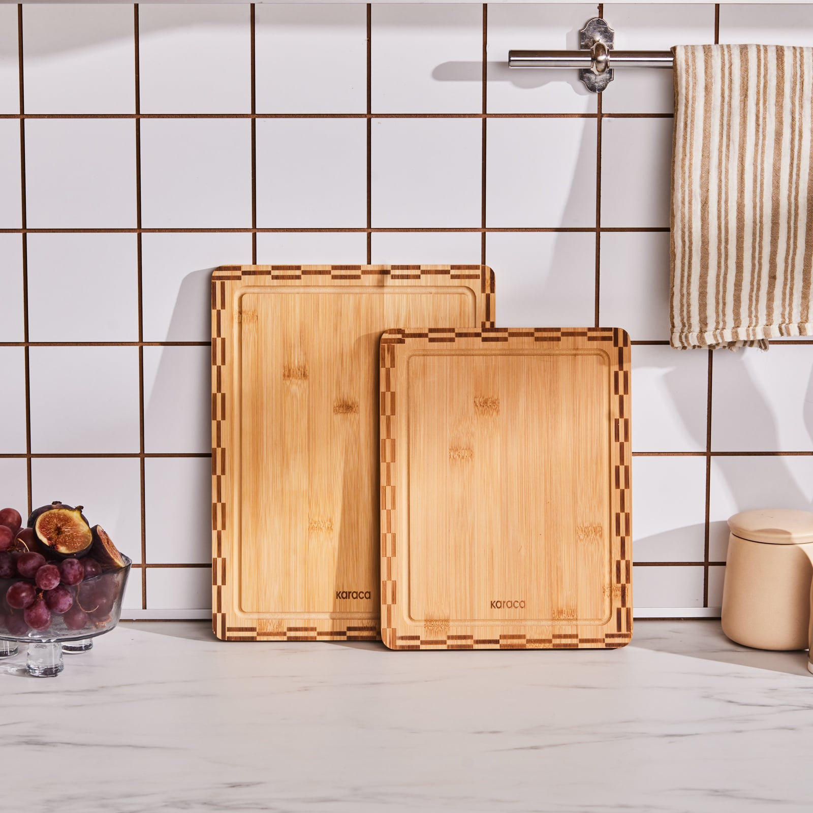 Karaca Lawn 2-Piece Bamboo Cutting Board Set Natural Wood Eco-Friendly New Set