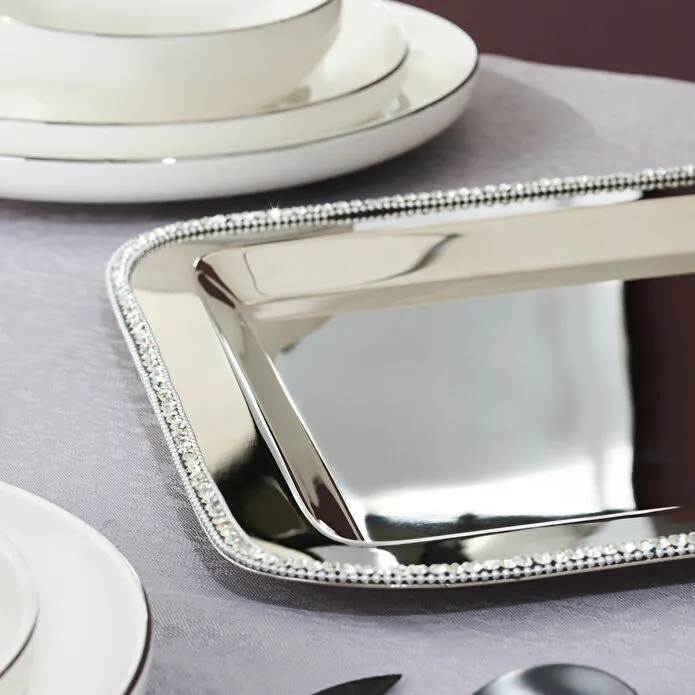 Karaca Home Majesty Serving Tray Stainless Steel Crystal Beaded Silver 42cm