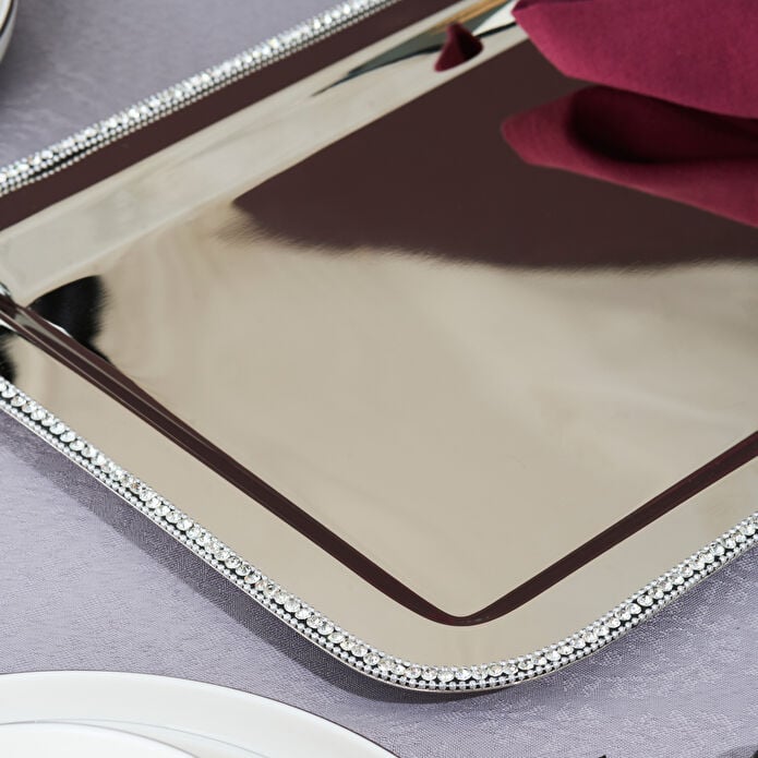 Karaca Home Majesty Serving Tray Stainless Steel Crystal Beaded Silver 42cm