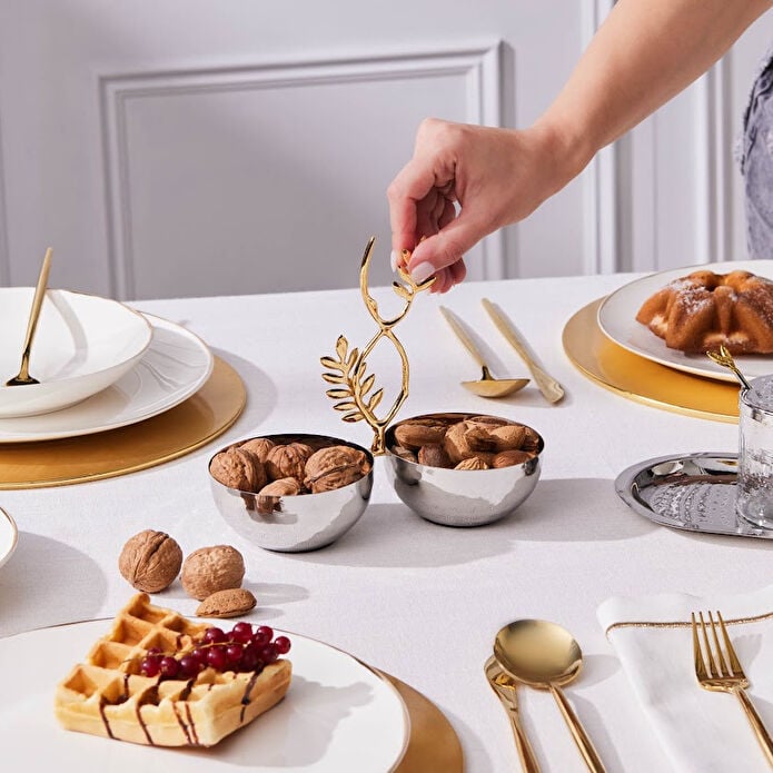 Karaca New Year Carmenta Set of 2 Snack Bowls Silver Gold Leaf Handle 18/10