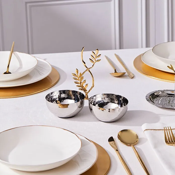 Karaca New Year Carmenta Set of 2 Snack Bowls Silver Gold Leaf Handle 18/10