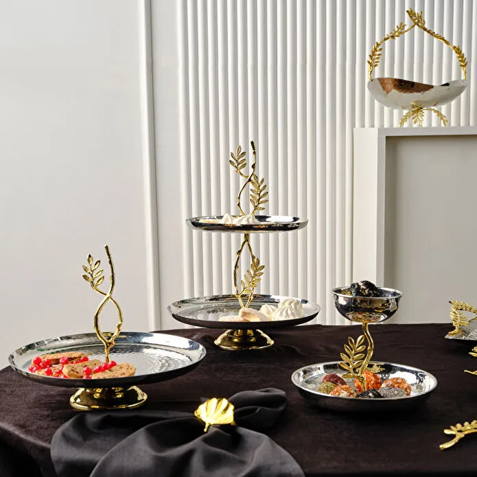 Karaca New Year Carmenta Set of 2 Snack Bowls Silver Gold Leaf Handle 18/10