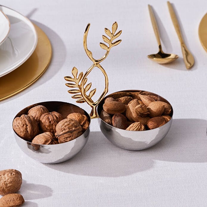 Karaca New Year Carmenta Set of 2 Snack Bowls Silver Gold Leaf Handle 18/10