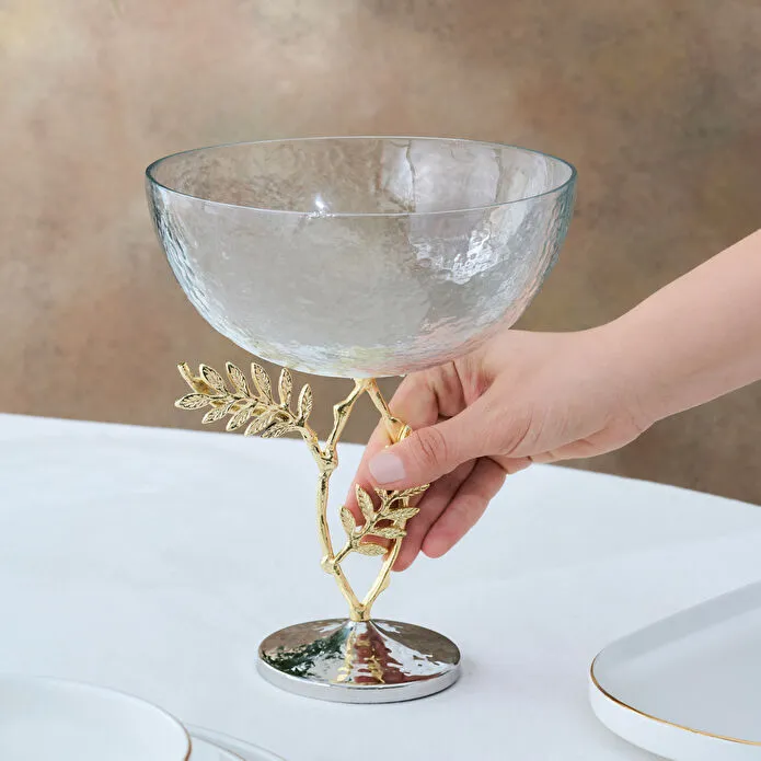 Karaca Home Carmenta Footed Glass Bowl 21x18 cm Silver Gold Mixed Metal New