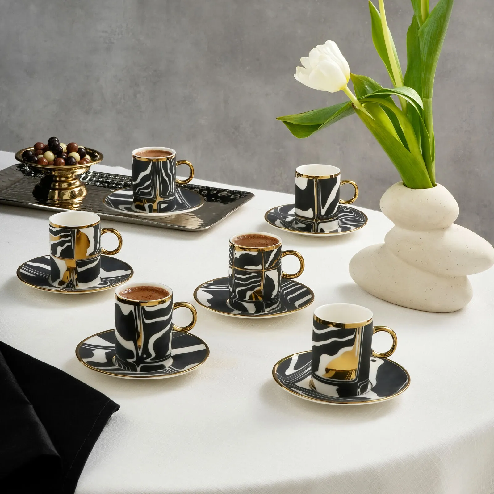 Karaca Tales 6-Piece Coffee Cup Set 90ml Bone Porcelain Modern Espresso New