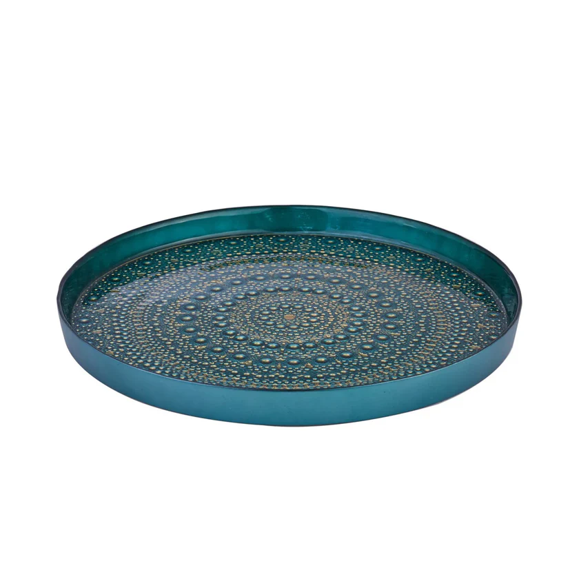Karaca Rashel Glass Decorative Tray 35cm Petrol Blue Gold Patterned Luxury