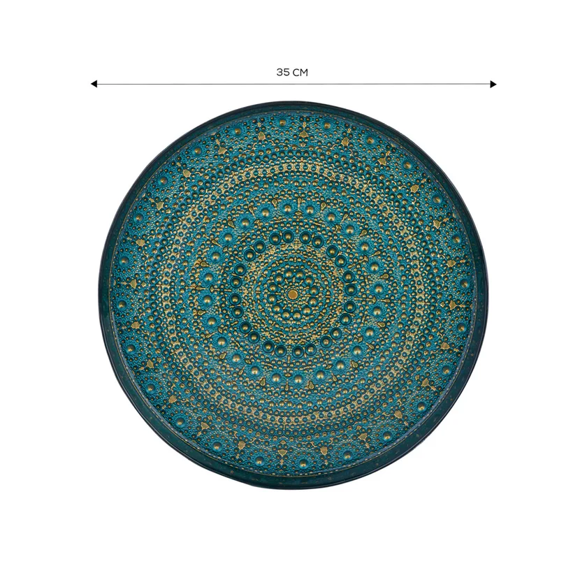 Karaca Rashel Glass Decorative Tray 35cm Petrol Blue Gold Patterned Luxury