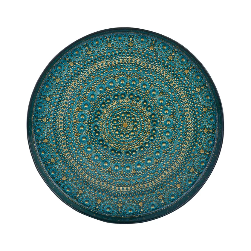 Karaca Rashel Glass Decorative Tray 35cm Petrol Blue Gold Patterned Luxury
