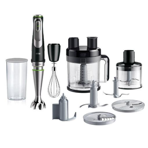 Braun Multiquick 9 Hand Blender set with various attachments including a food processor bowl, blender blade, whisks, and measuring cups, predominantly in black color.