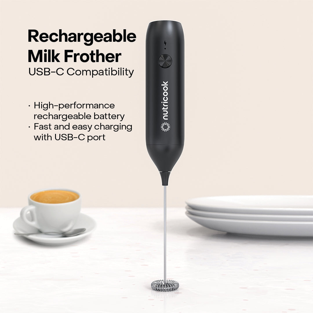 Nutricook Milk Frother NC-MF100ME USB C Rechargeable 304 Stainless Whisk Bin