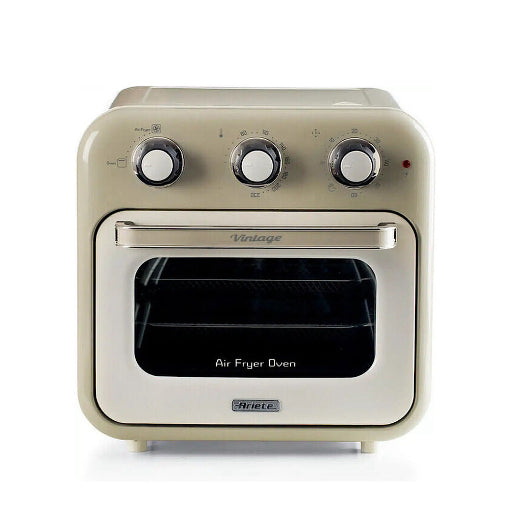Beige air fryer oven with vintage design on a white background